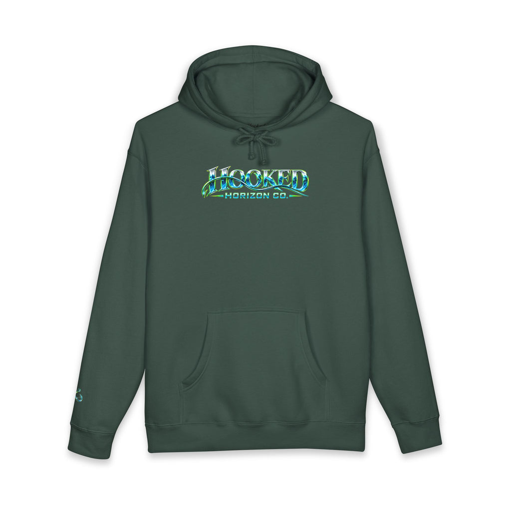 Barracuda Like Green Logo Hoodie—Hooked Horizon Co. — Fishing Back Graphic Hoodie, Multiple Color Variations