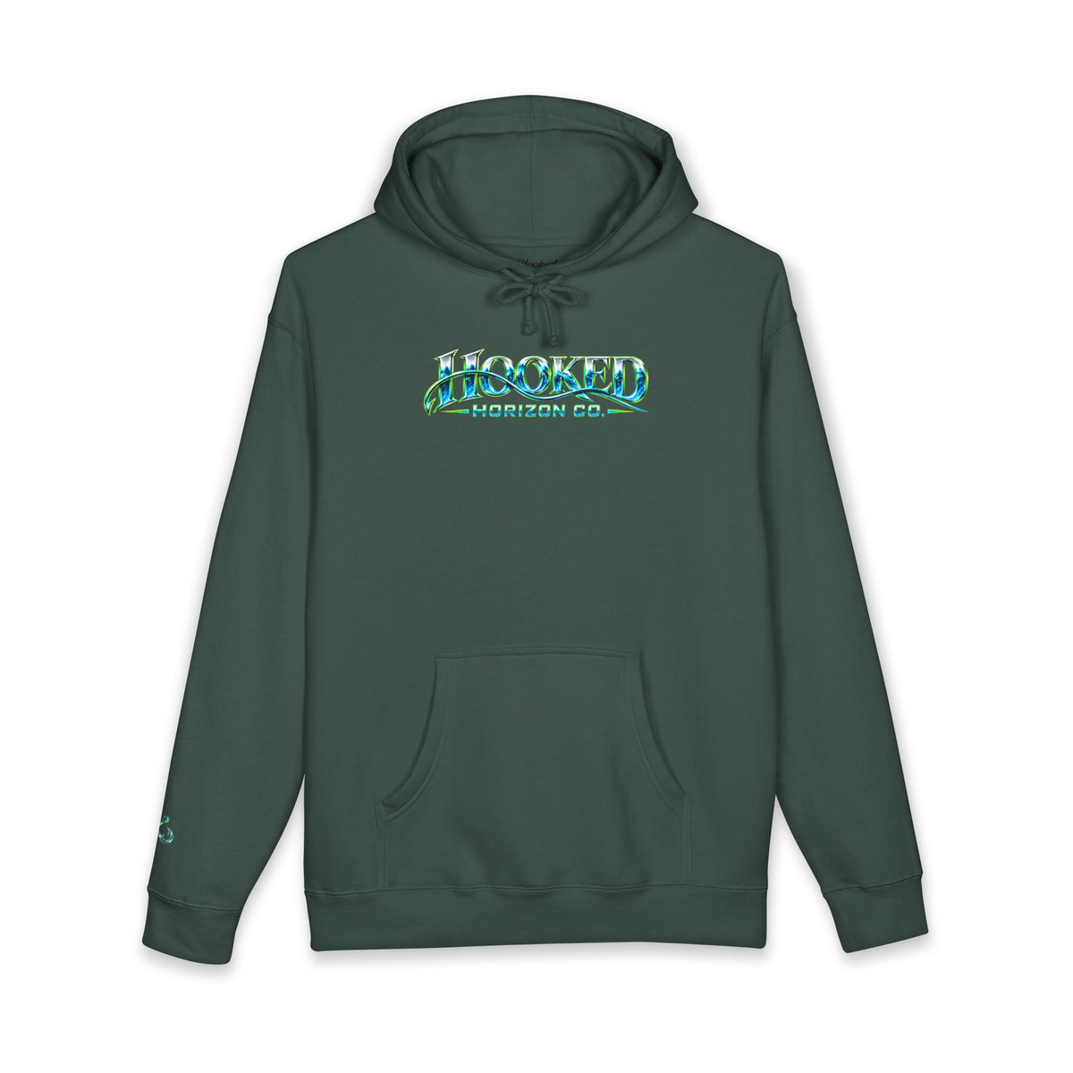 Barracuda Like Green Logo Hoodie—Hooked Horizon Co. — Fishing Back Graphic Hoodie, Multiple Color Variations